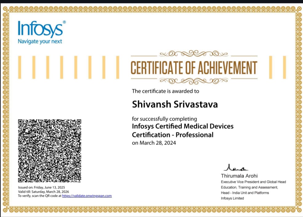 Infosys Certified Medical Devices Certification Professional